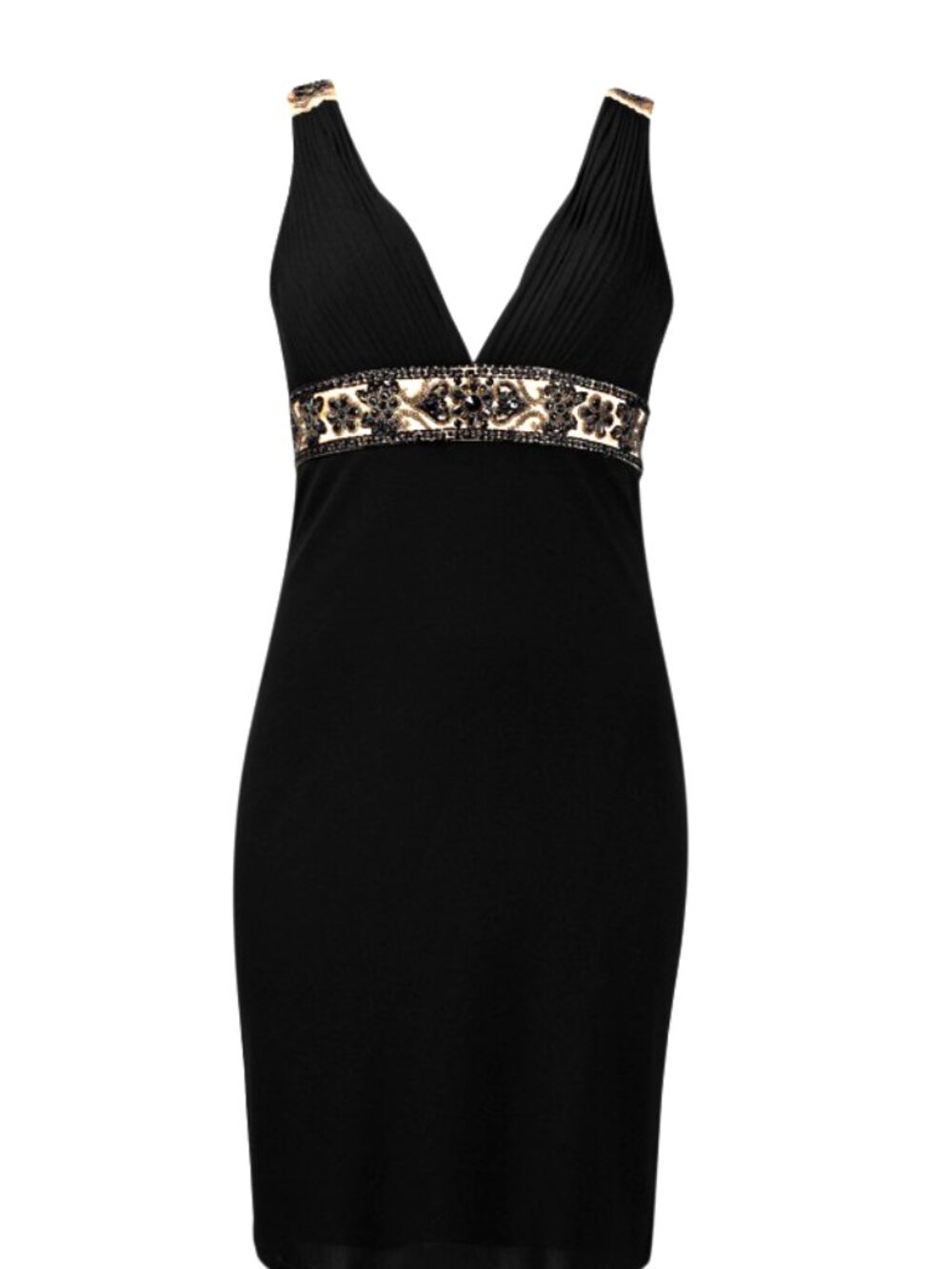 Sue Wong Jeweled Empire Waist Low Back Jersey Mesh Sheath Dress